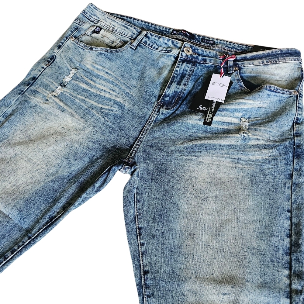 Men's Blue Slim Taper Fit Distressed Jeans with Fading - Picture 3 of 11